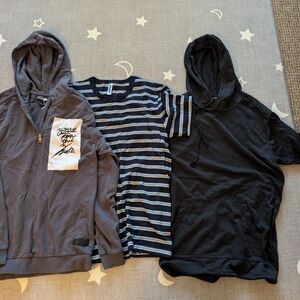 Assorted Casual Tops - Gray Zip Hoodie, Striped Tee, Black Short-Sleeve Hoodie